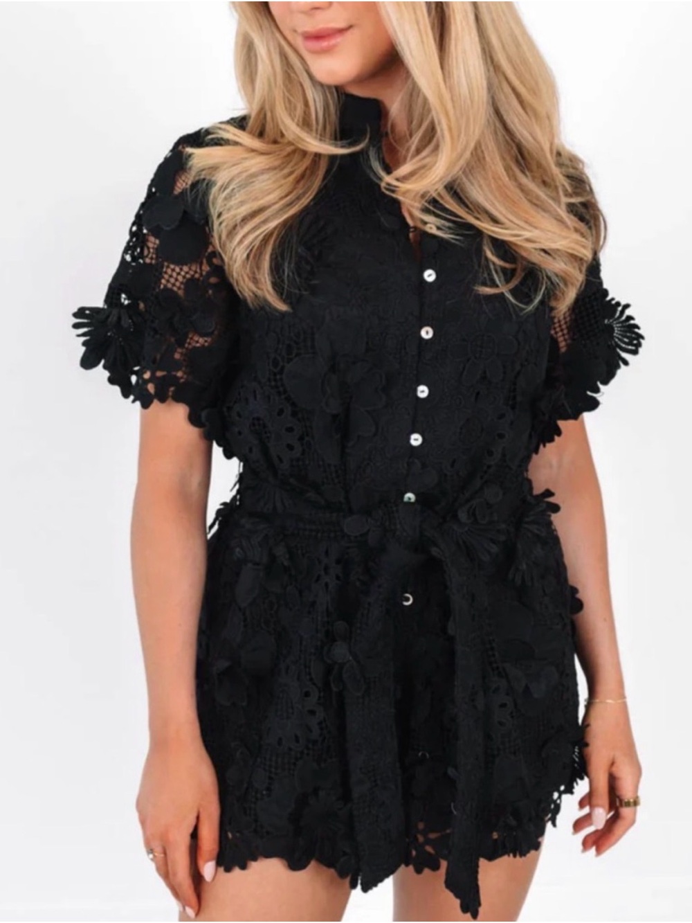 Black Floral Lace Button Romper